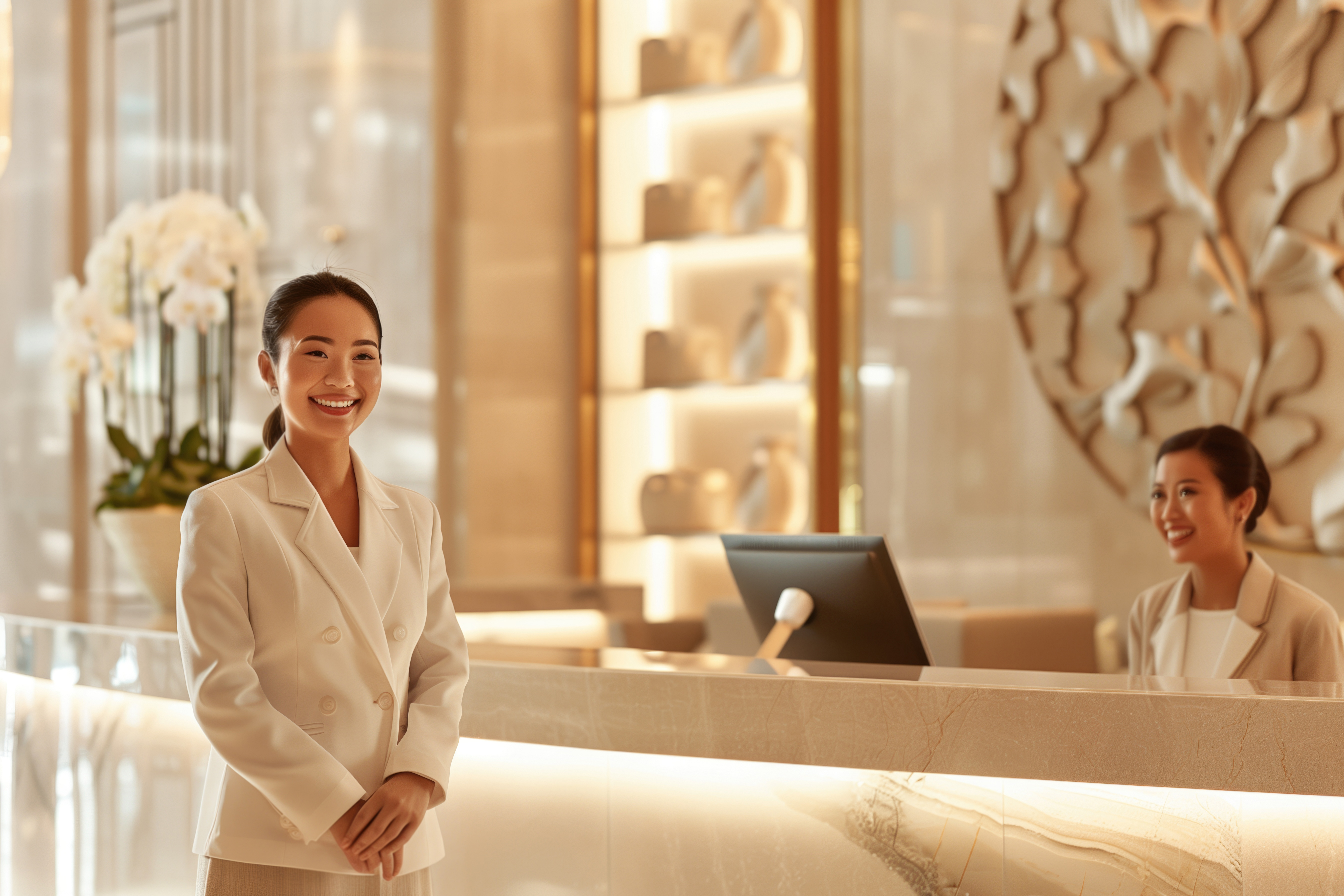 woman dressed in white suit at the front desk of a luxury hotel