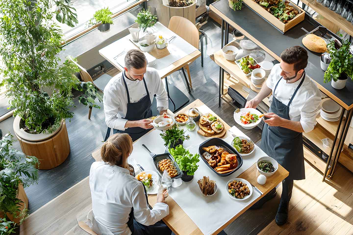 three people at table eating