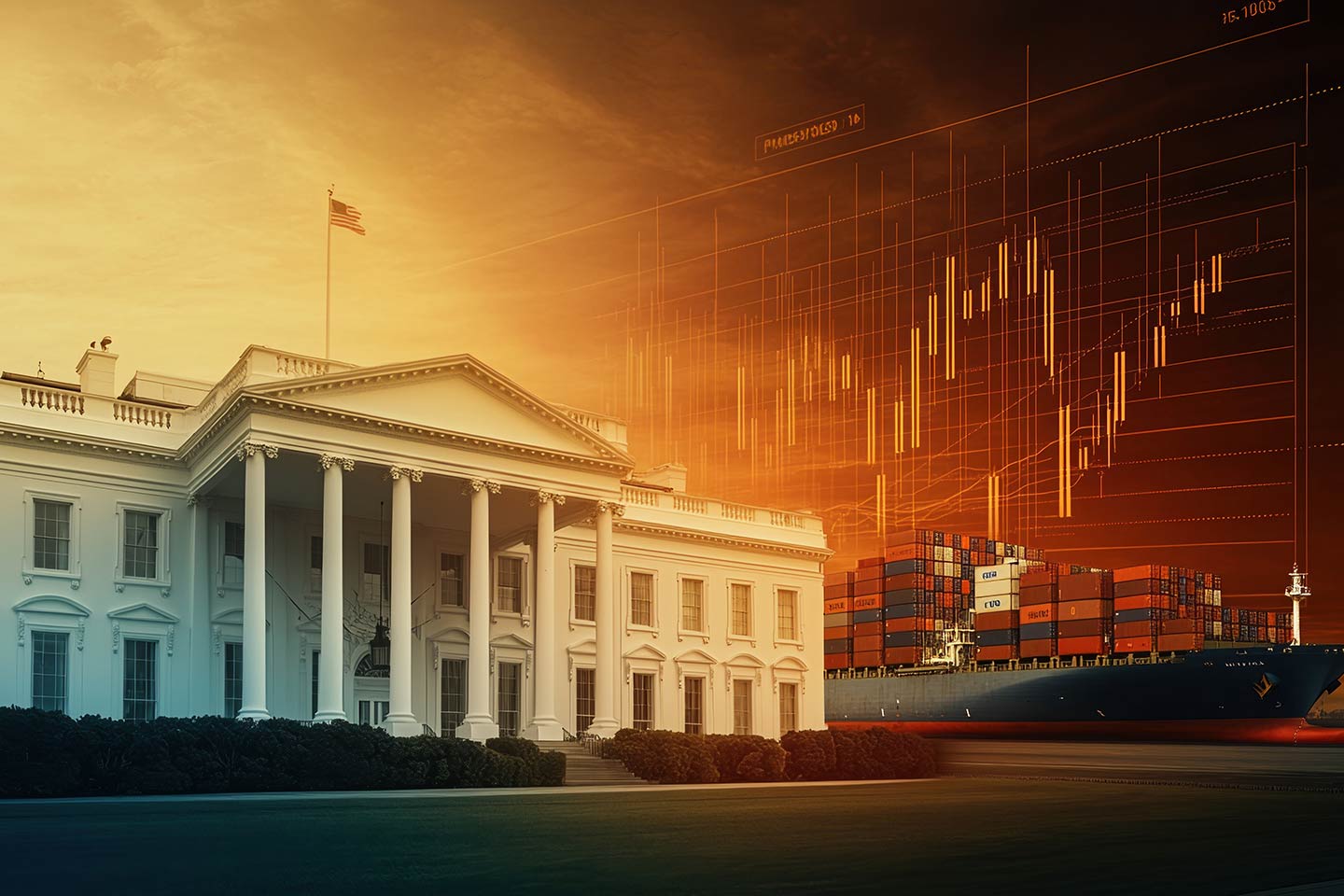 white house with a container ship in background